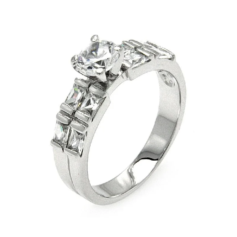 Ladies rings modern appeal-Silver 925 Rhodium Plated Clear Round Center Square Side Rows CZ Bridal Ring - BGR00576