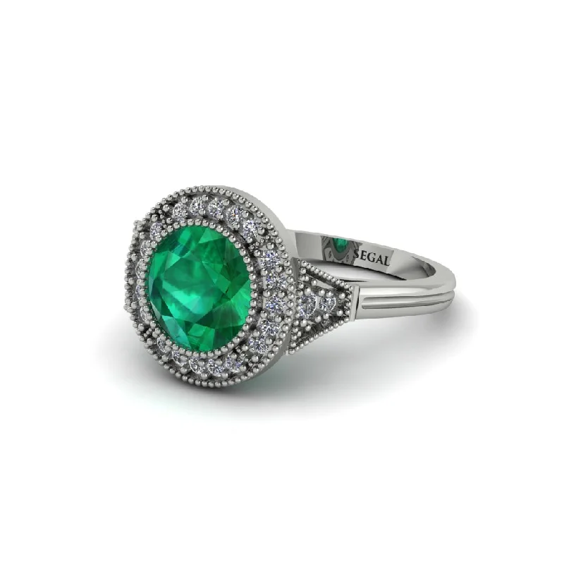 Ladies engagement rings gold bands-Round Cut Emerald Milgrain Halo Engagement Ring - Maggie No. 6