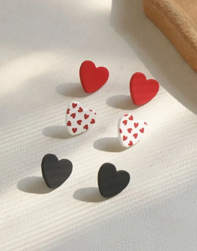 Ladies earrings sentimental value-Charming Heart Trio Set: Red, White, and Black Stud Earrings