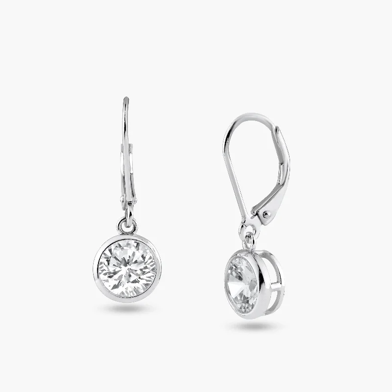 Ladies earrings sister sets-Silver 925 Rhodium Plated Round Clear CZ Dangling Hook Earrings - STE00877