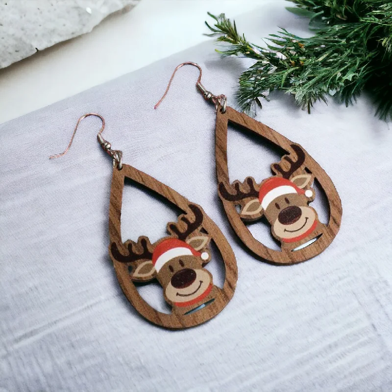 Ladies earrings silver tones-Adorable Wooden Reindeer Drop Earrings