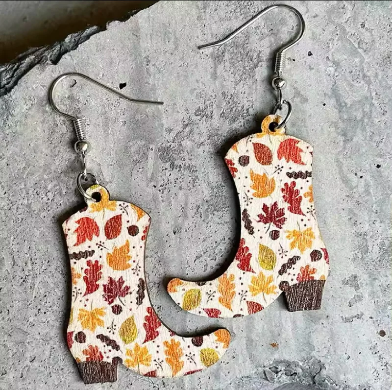 Ladies earrings titanium picks-Wooden Cowboy Boot Earrings with Fall Leaves