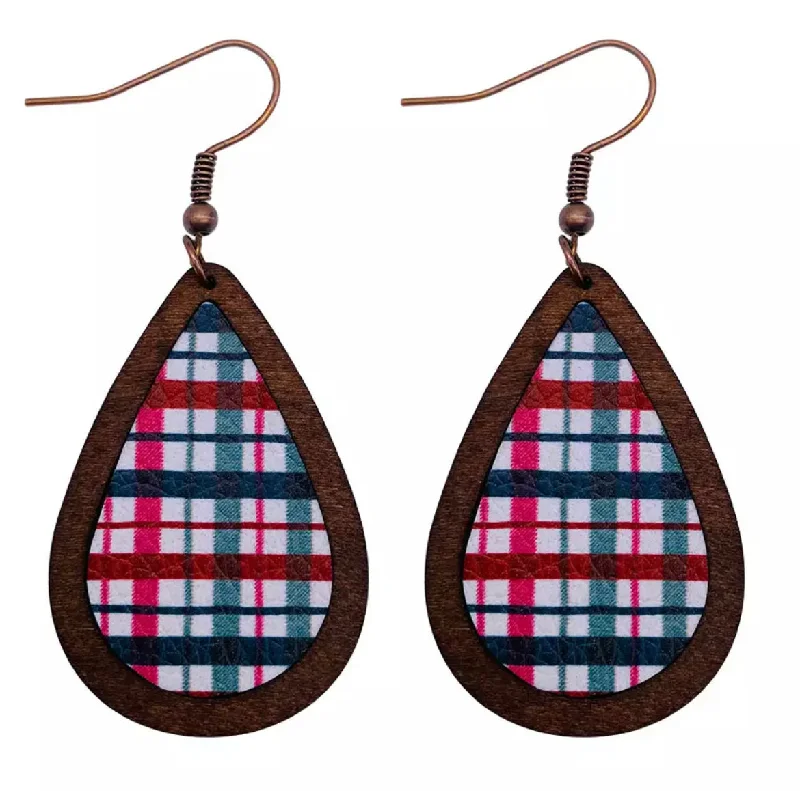 Ladies earrings mature styles-Beautiful Red and Green Plaid Striped Wooden Drop Earrings