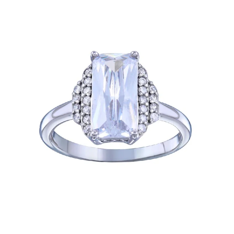 Ladies rings anniversary picks-Rhodium Plated 925 Sterling Silver Layered Rectangle Center CZ Bridal Ring - STR01139