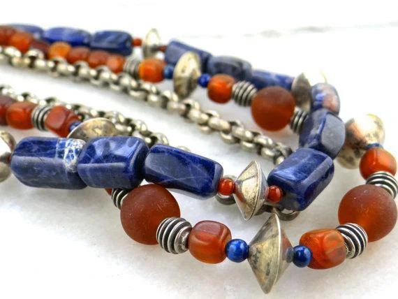 Ladies rings viral designs-Sodalite and Glass Beaded Antique Silver Necklace