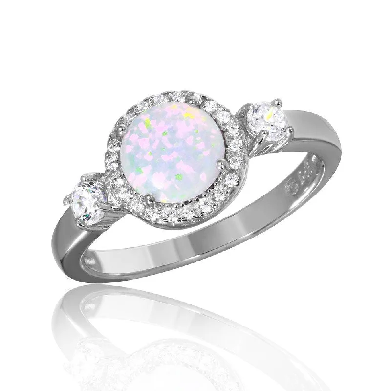 Ladies rings cute accents-Silver 925 Rhodium Plated Halo Ring with Synthetic Opal and CZ - BGR01045