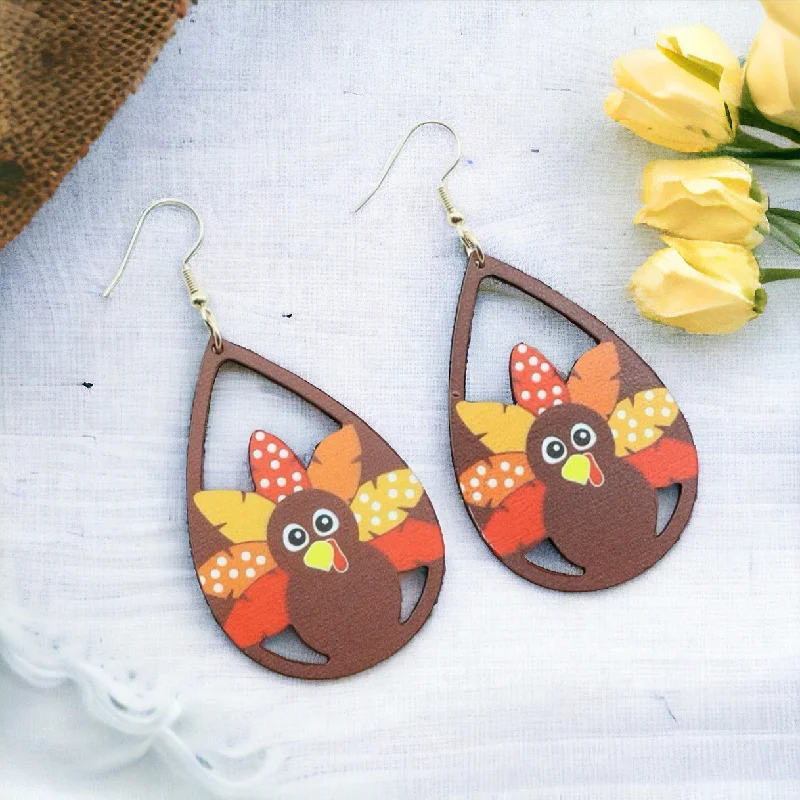 Ladies earrings gold styles-Wooden Turkey Drop Earrings