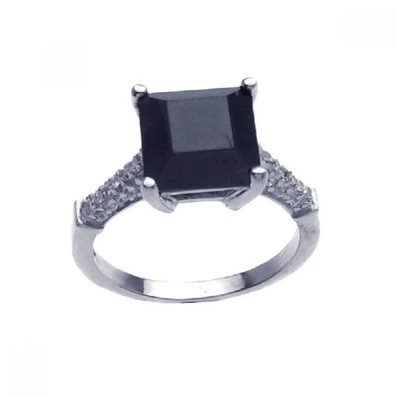 Ladies rings discount offers-Silver 925 Rhodium Plated Black Square Center Pave Set Clear CZ Ring - STR00635