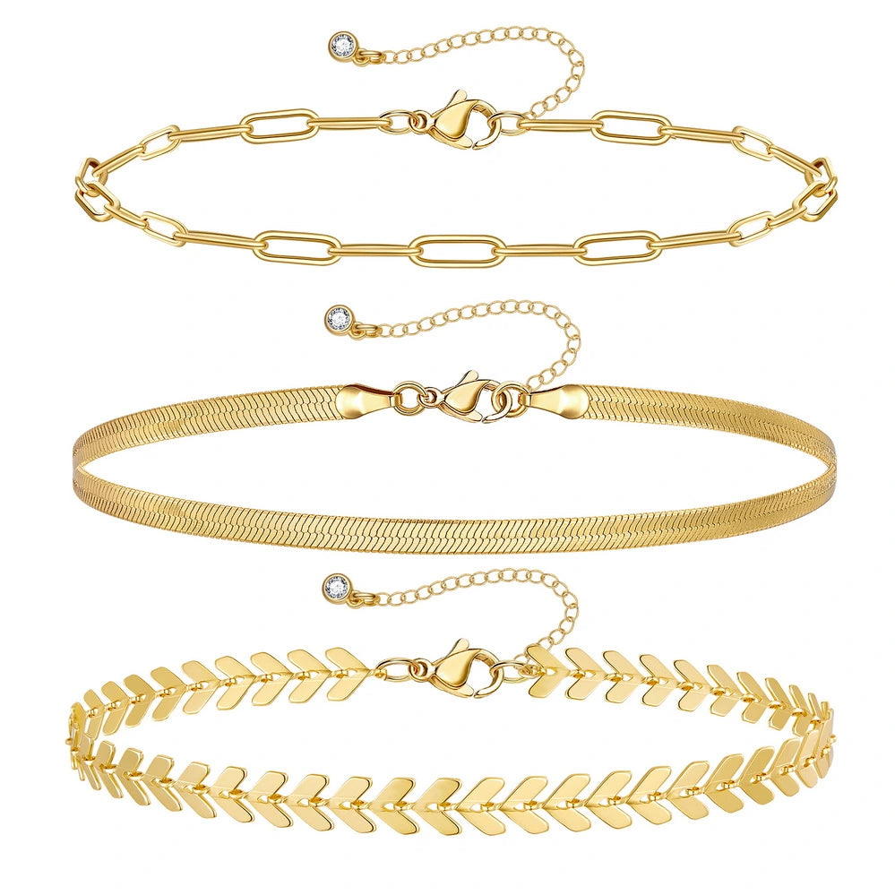 Ladies bracelets price range-Dainty 14k Gold Plated Layering Anklets Bracelets Set- Fishbone & Paperclip & Snake