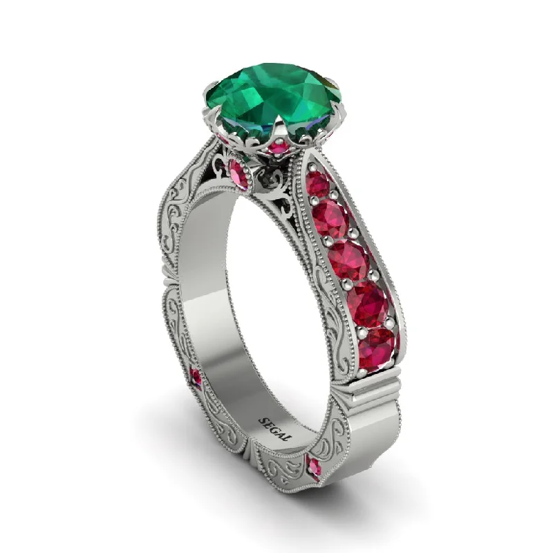 Ladies engagement rings white gold-Emerald Victorian Scroll Engagement Ring - Kehlani No. 51