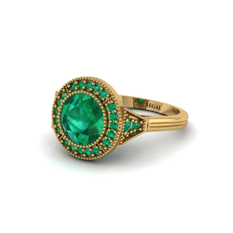 Ladies engagement rings emerald stones-Round Cut Emerald Milgrain Halo Engagement Ring - Maggie No. 19