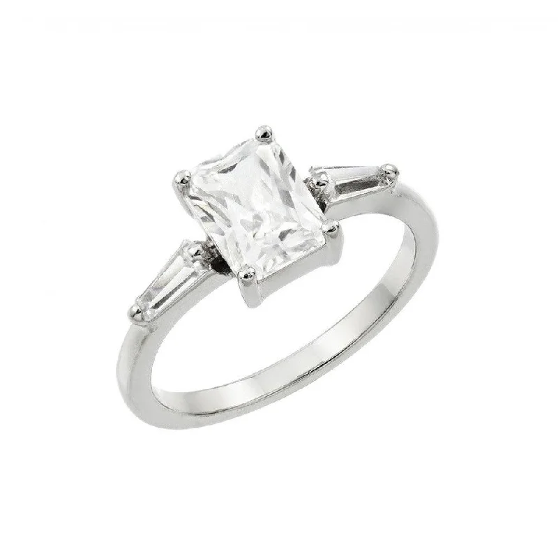 Ladies rings sister sets-Silver 925 Rhodium Plated Clear Rectangular Center CZ Ring - BGR00889