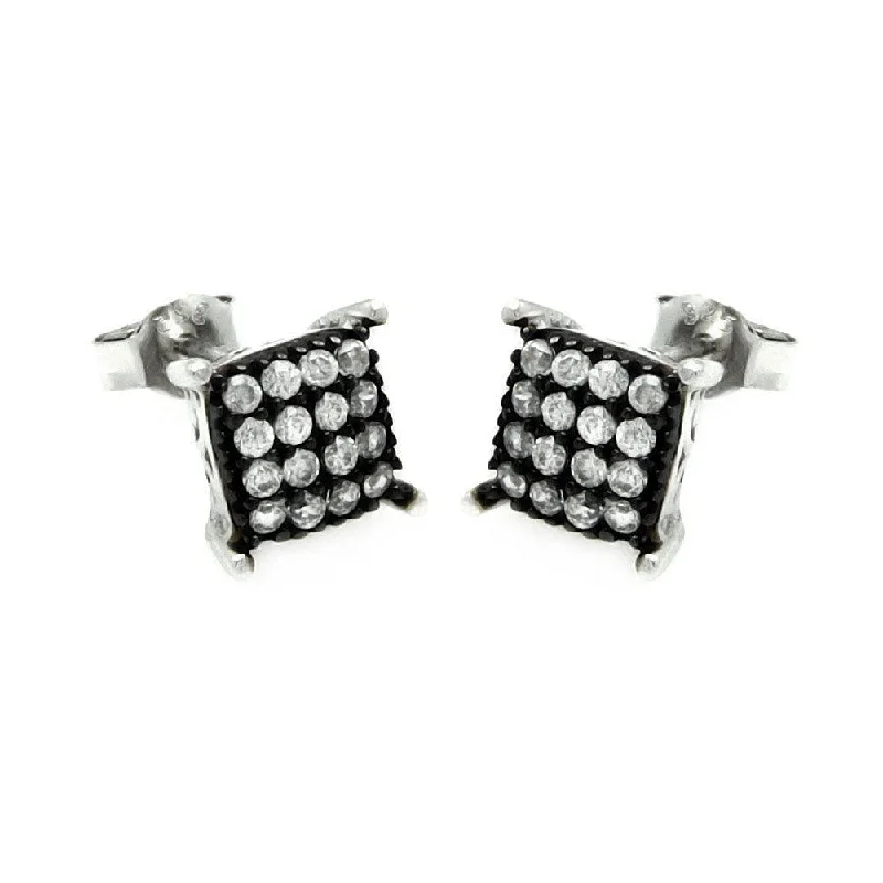 Ladies earrings titanium picks-Silver 925 Black and Rhodium Plated Square CZ Post Earrings - STE00893