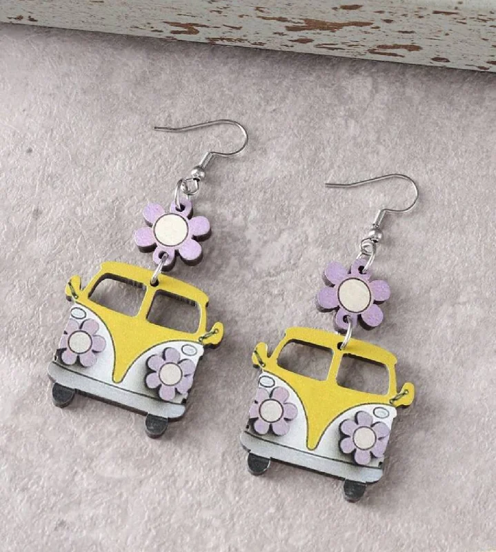 Ladies earrings Valentine’s Day-Vintage Yellow and Purple Flower School Bus Earrings