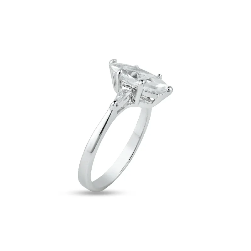 Ladies rings unique designs-Silver 925 Rhodium Plated Single Marquise CZ Bridal Ring - BGR00121