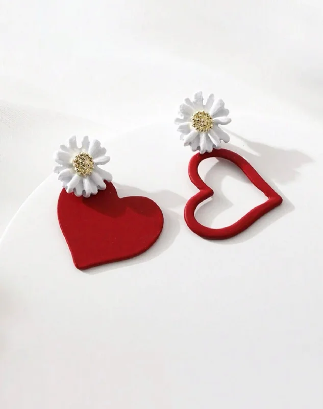 Ladies earrings engraved names-Red Heart and Daisy Earrings