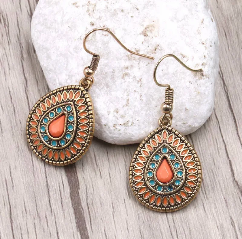 Ladies earrings silver tones-Orange and Blue Boho Earrings