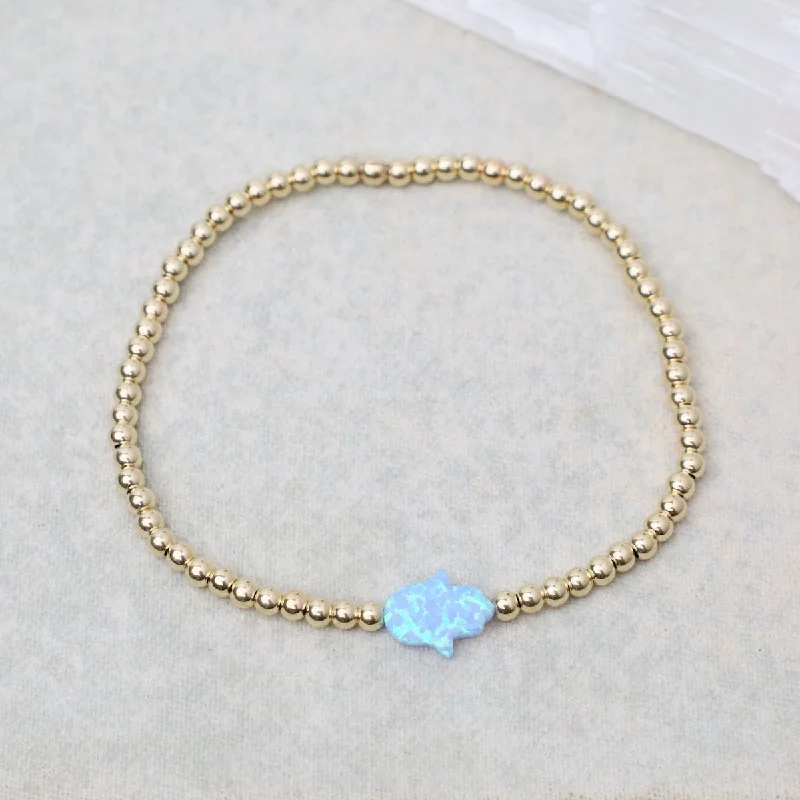 Ladies bracelets chain designs-Blue Opal Hamsa Gold Filled Ball Bracelet