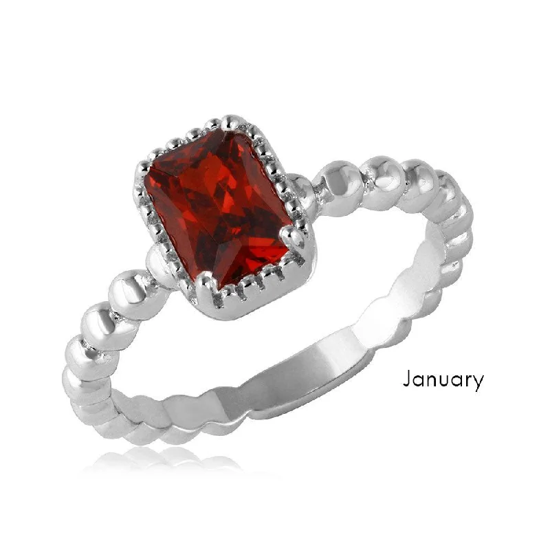 Ladies rings casual vibes-January Sterling Silver 925 Rhodium Plated Beaded Shank Square Center Birthstone Ring - BGR01081JAN