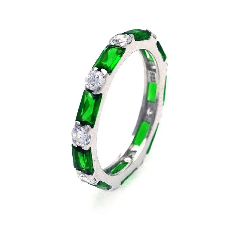 Ladies rings Asian-inspired-Silver 925 Rhodium Plated Green Baguette Clear CZ Eternity Ring - STR00516GREEN