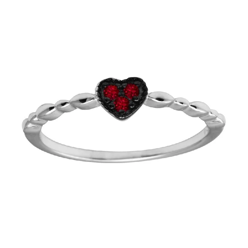 Ladies rings natural gems-Rhodium Plated 925 Sterling Silver Heart 3 Red CZ Ring - BGR01227RED