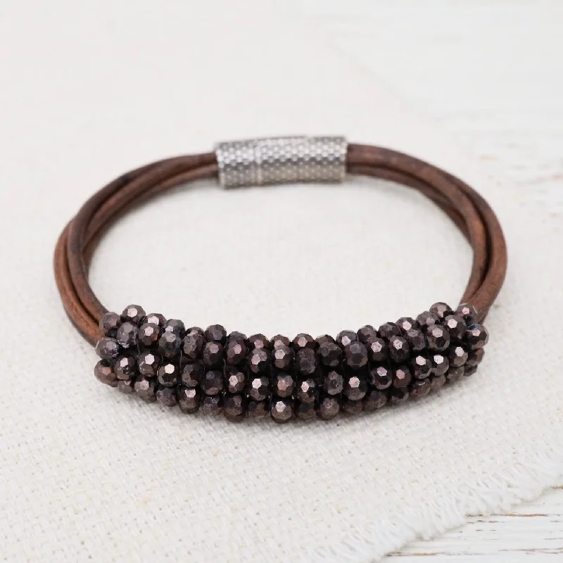 Ladies bracelets silver tones-Hand Stitched Port Crystals on Multi Strands Leather Bracelet