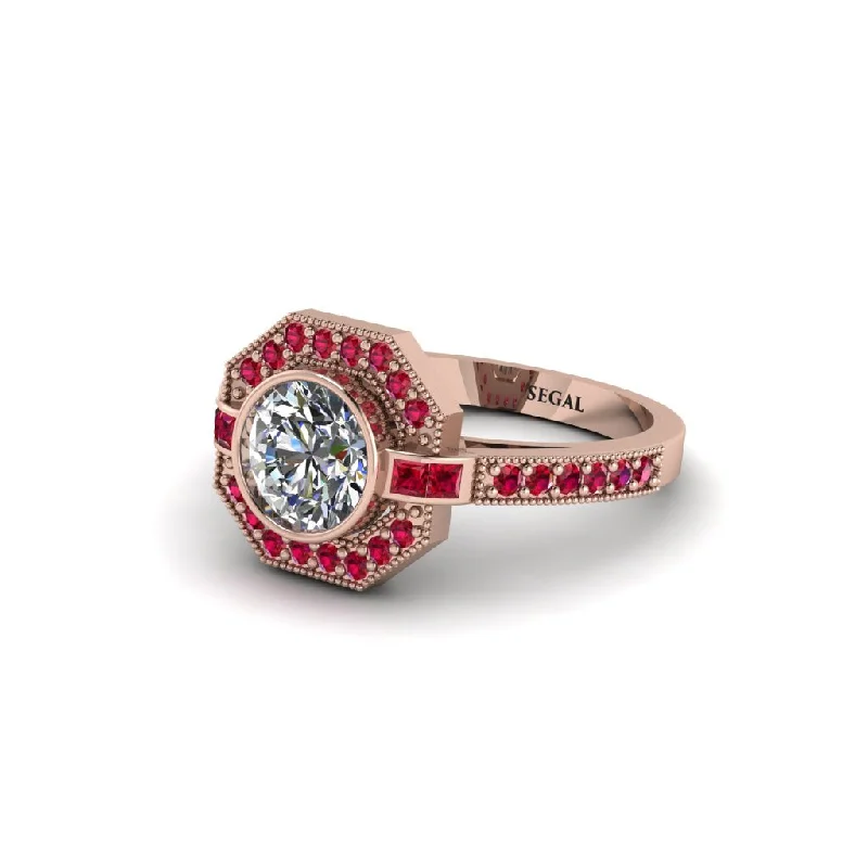 Ladies engagement rings bold designs-Ruby Octagon Halo Engagement Ring - Leia No. 47