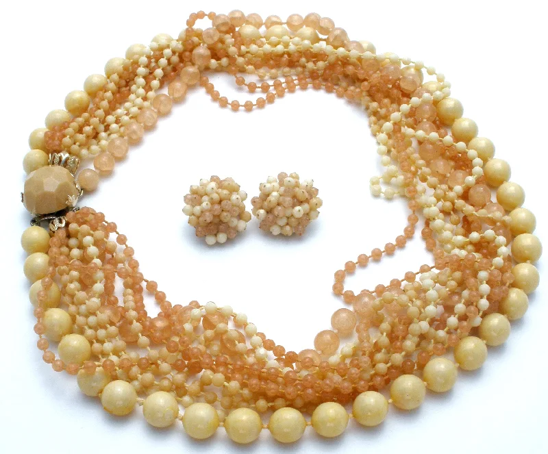 Ladies rings hypoallergenic-Cream & Beige Multi Strand Bead Necklace Set Vintage