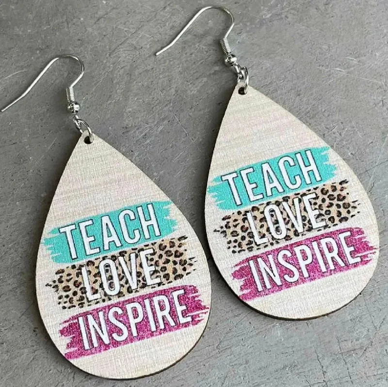 Ladies earrings engraved names-"Teach, Love, Inspire" Wooden Teacher Earrings