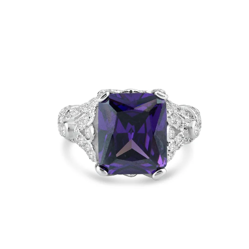 Ladies rings pearl details-Silver 925 Rhodium Plated Purple Square CZ Antique Ring - STR00567