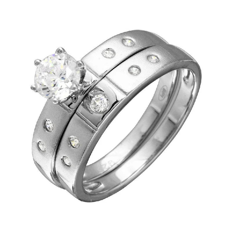 Ladies rings creative styles-Half Matte Finish Rhodium Plated 925 Sterling Silver  CZ Trio Bridal Ring - GMR00142