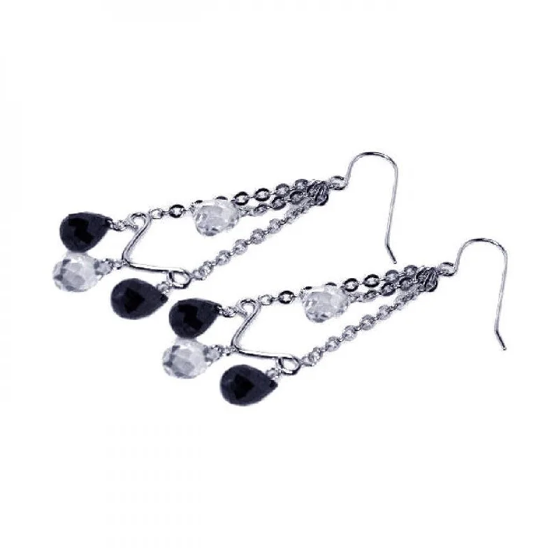 Ladies earrings matching pairs-Silver 925 Rhodium Plated Clear and Black Chandelier CZ Hook Earrings - STE00228