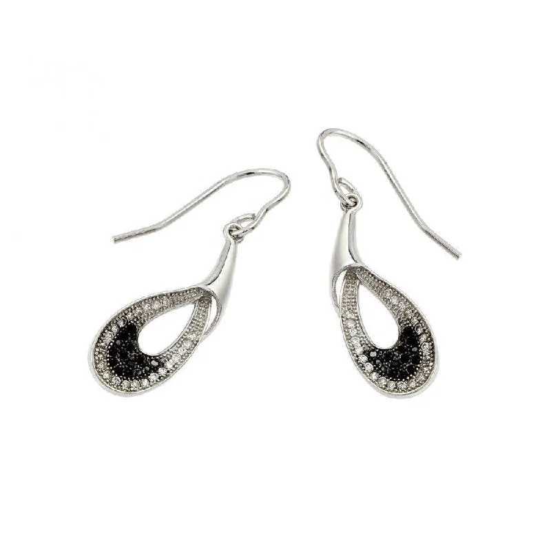 Ladies earrings office elegance-Silver 925 Black and Silver Rhodium Plated Round Open Teardrop CZ Dangling Hook Earrings - BGE00384