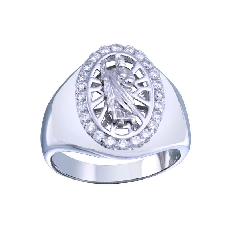 Ladies rings trending styles-Rhodium Plated 925 Sterling Silver Saint Jude CZ Ring - GMR00340