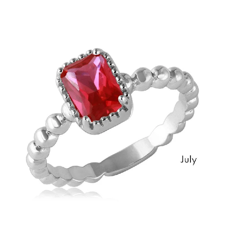 Ladies rings light luxury-July Sterling Silver 925 Rhodium Plated Beaded Shank Square Center Birthstone Ring - BGR01081JUL