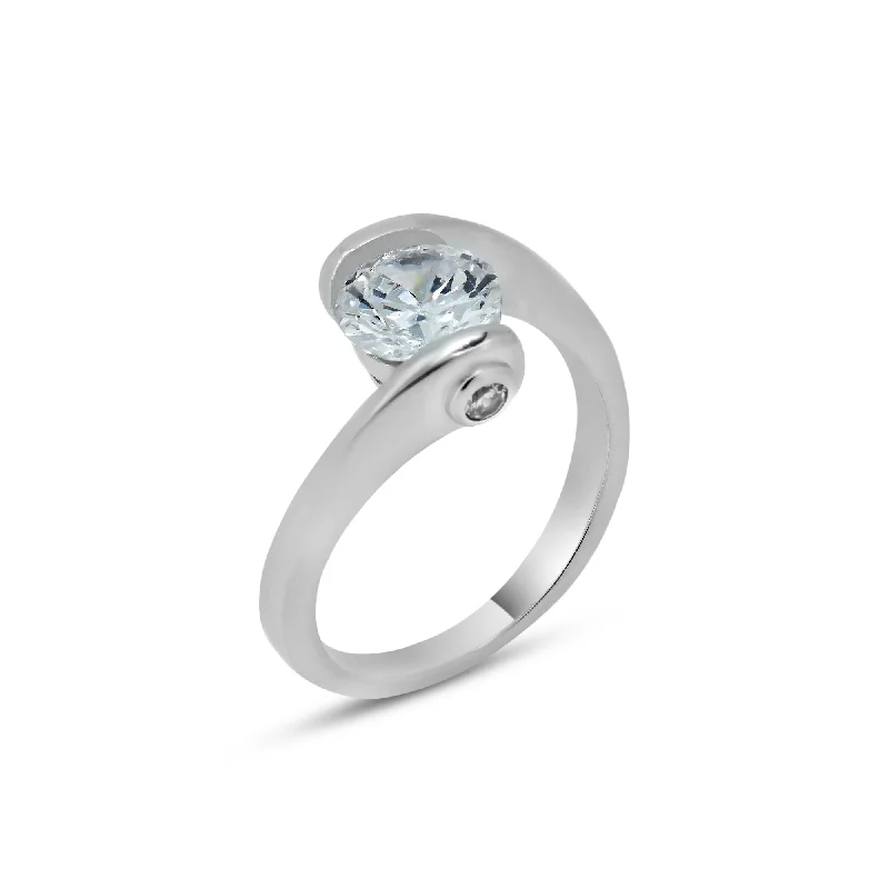 Ladies rings e-commerce finds-Silver 925 Rhodium Plated Clear Round Center CZ Overlap Twist Ring - BGR00392