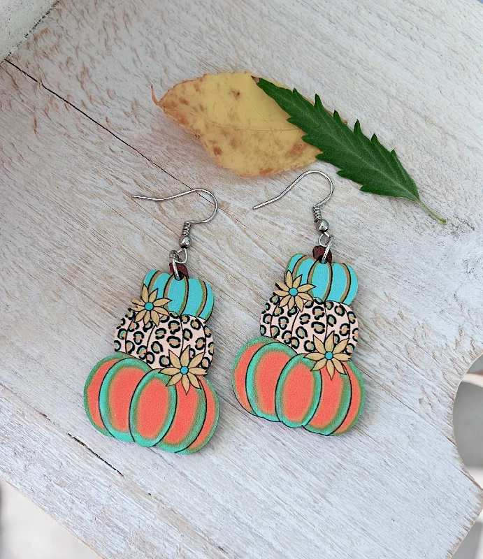 Ladies earrings collectible items-Multicolored Wooden Stacked Pumpkin Earrings