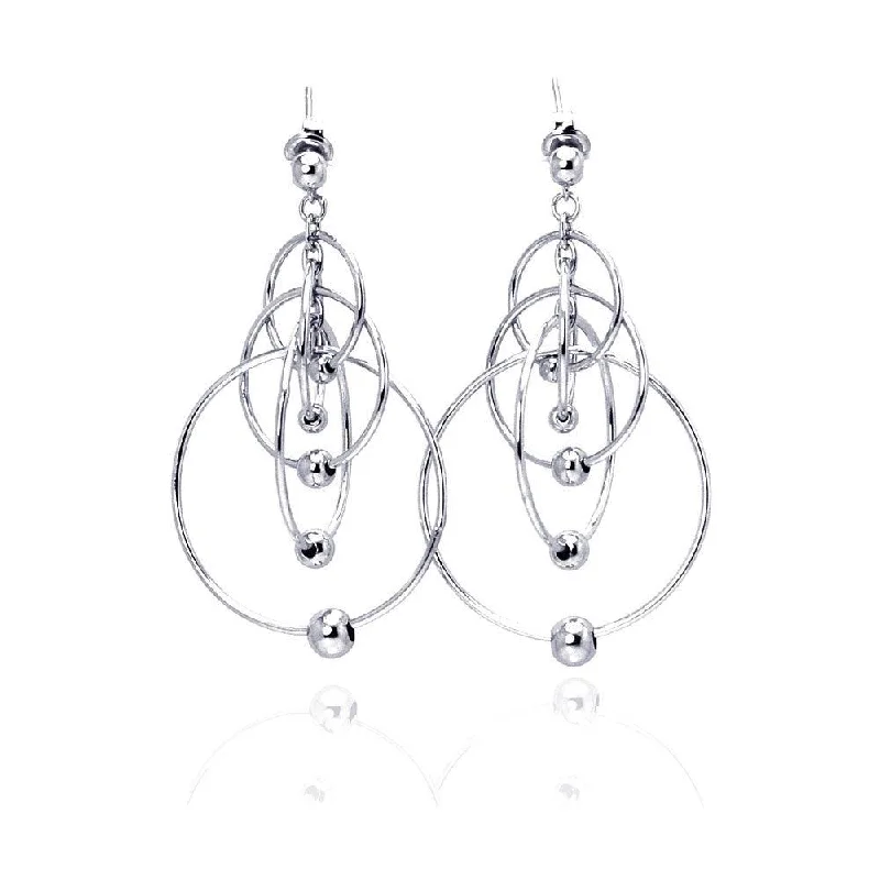 Ladies earrings handmade crafts-Silver 925 Rhodium Plated Multiple Graduated Open Circles Hanging Ball Chandelier Hook Earrings - DSE00024