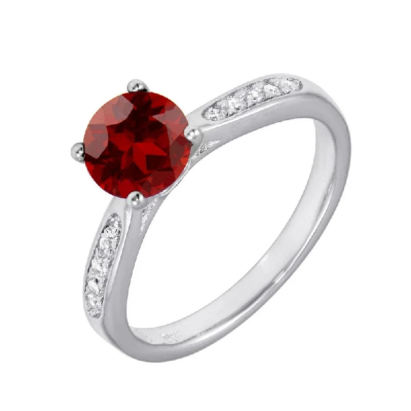 Ladies rings index finger-Rhodium Plated 925 Sterling Silver Round Red CZ Center Stone Ring - BGR01231RED