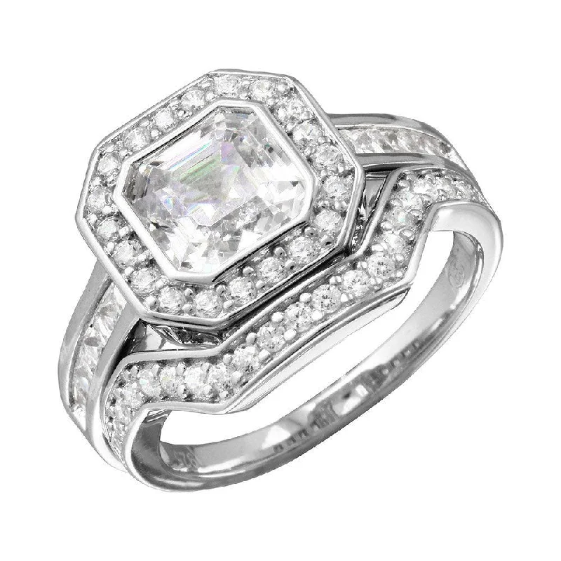 Ladies rings size options-Rhodium Plated 925 Sterling Silver 2pcs CZ Square Center Bridal Ring - GMR00205