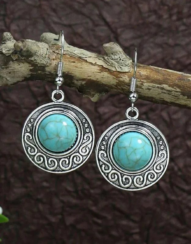 Ladies earrings ethnic patterns-Round Silver with Turquoise Stone Drop Earrings