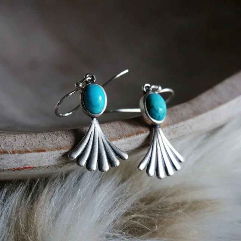 Ladies earrings stud trends-Unique Bohemian Silver and Turquoise Oval Bead Dangle Earrings