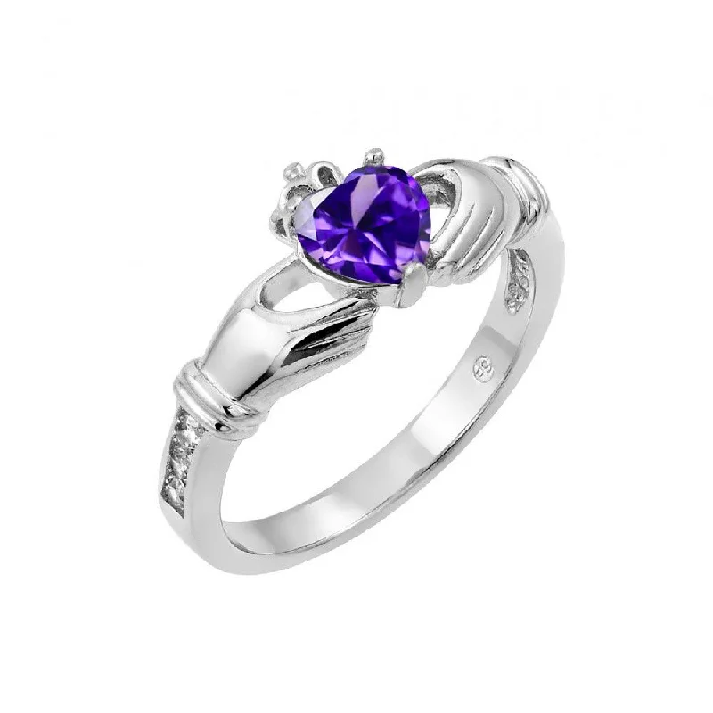 Ladies rings global brands-Silver 925 Rhodium Plated Purple Heart CZ Claddagh Ring - BGR00491PUR