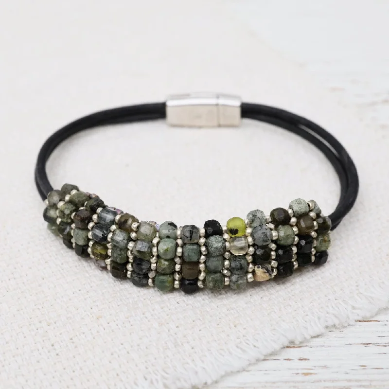 Ladies bracelets casual designs-Hand Stitched Prehnite Cubes & Tiny Silver Beads Leather Bracelet