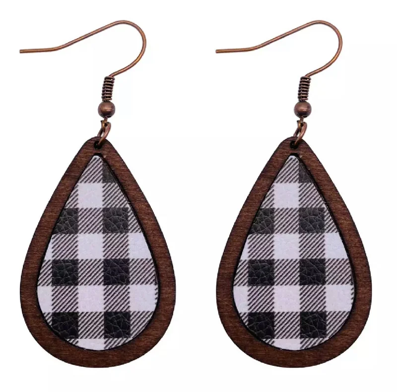 Ladies earrings standout pieces-Black and White Plaid Wooden Drop Earrings