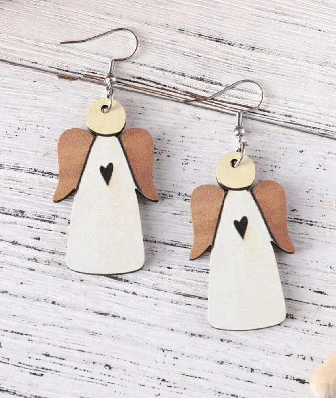 Ladies earrings synthetic jewels-Double Sided Wooden Angel Earrings