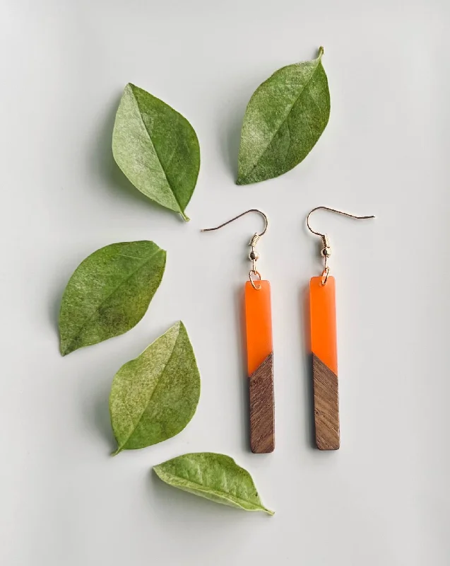 Ladies earrings Christmas styles-Wood and Orange Resin Bar Earrings