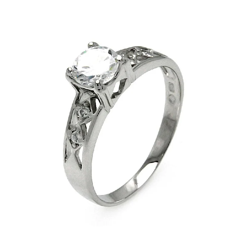 Ladies rings discount offers-Silver 925 Rhodium Plated Clear Round Center CZ Diamond Shaped Sides Bridal Ring - BGR00532