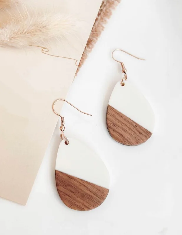 Ladies earrings ethnic patterns-Beautiful Wood and White Resin Teardrop Earrings