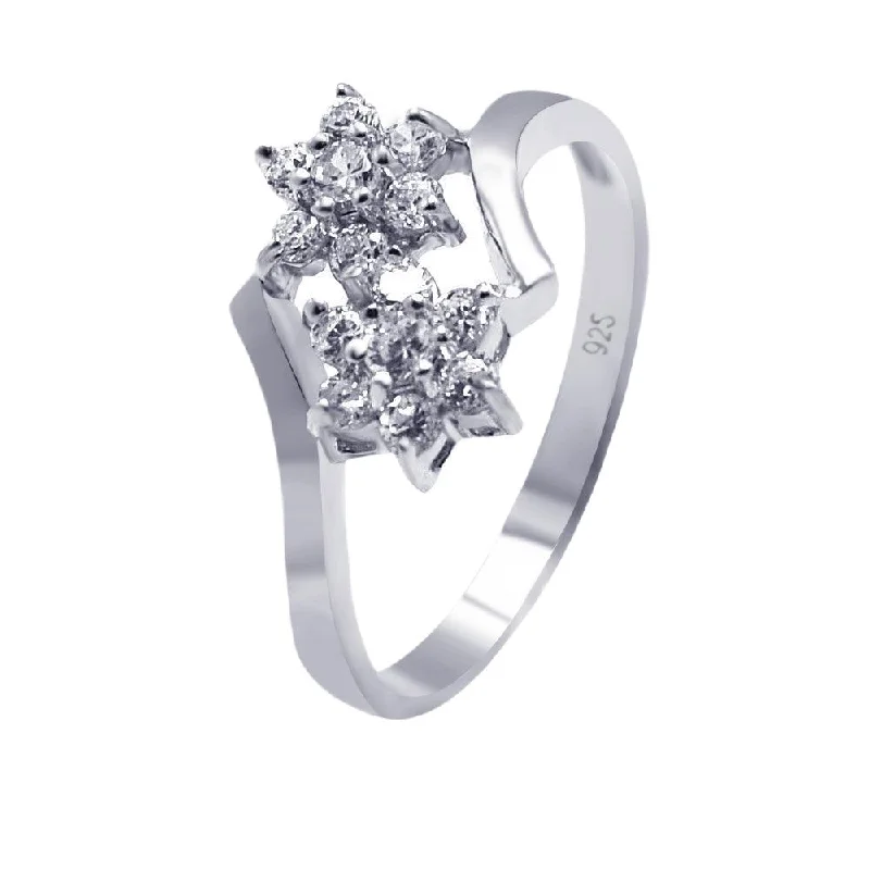 Ladies rings price range-Silver 925 Rhodium Plated CZ Double Flower Ring - AAR0065